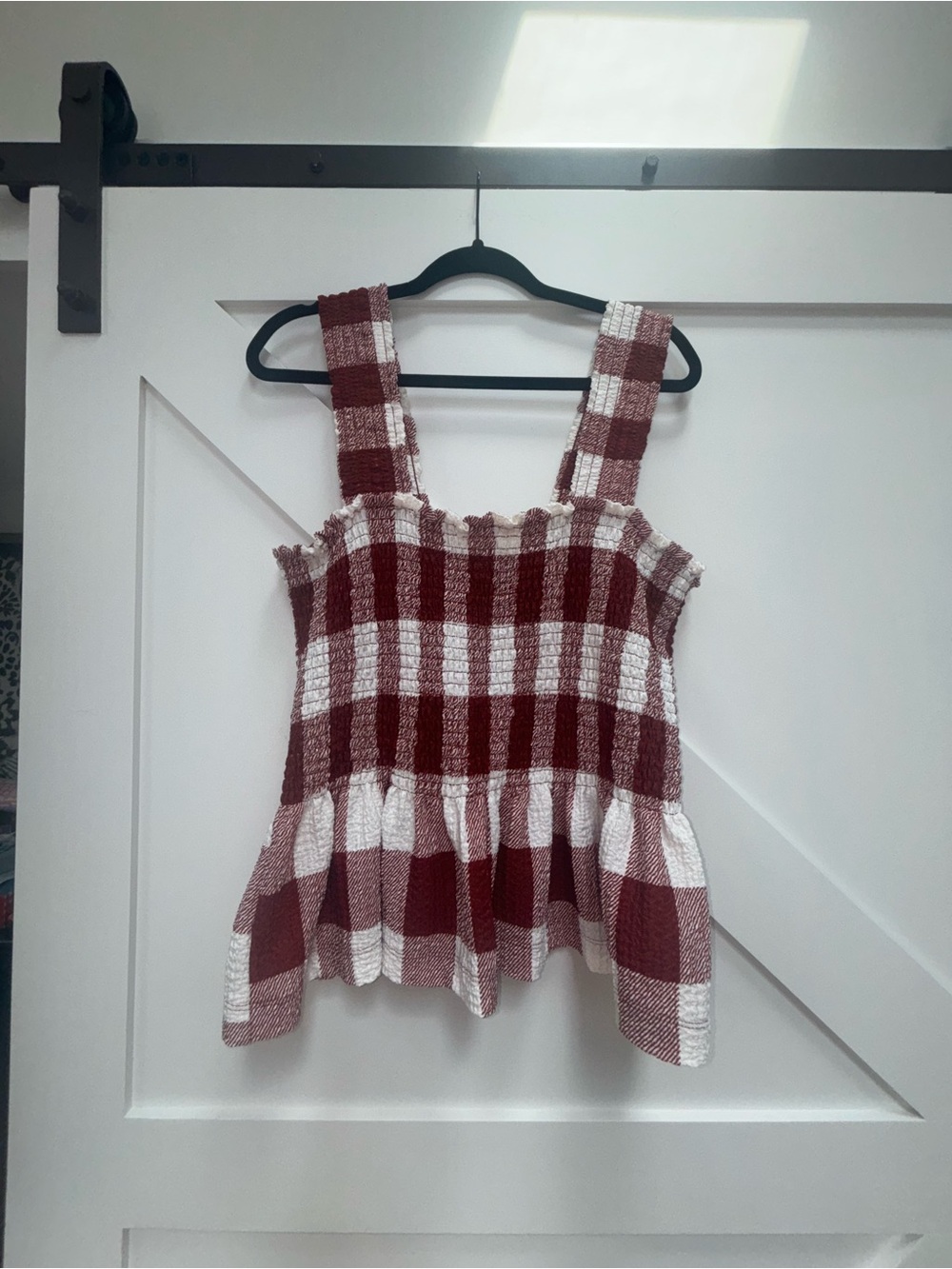 Plaid Smocked Peplum Tank Top - Burgundy/White